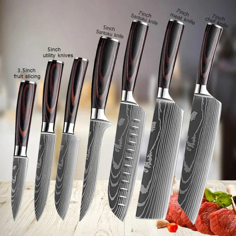 Professional Damascus Kitchen Knives Set.