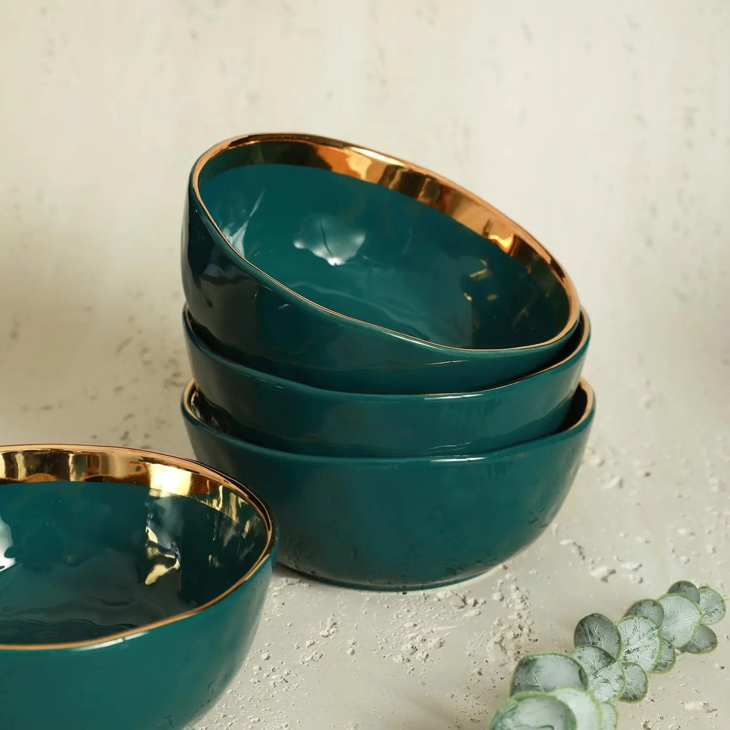 Porcelain 16 Piece Dinnerware Set Service for 4 ,Green and Golden Rim