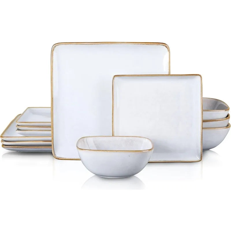 Dinnerware Sets for 4, 12-Piece Stoneware Plates and Bowls Set, Reactive Glaze Dishes Dinning Ware Set,Chip & Scratch Resistant
