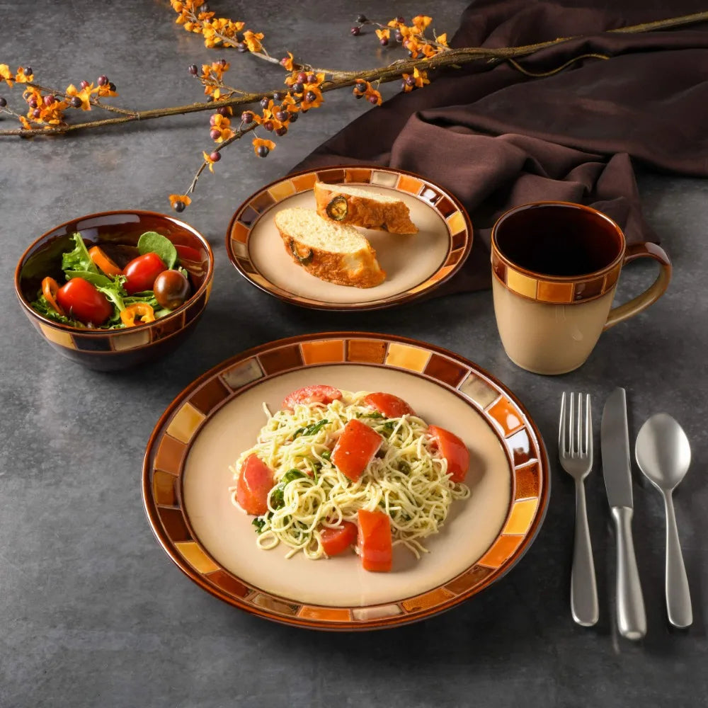16-piece Beige and Brown Dinnerware
