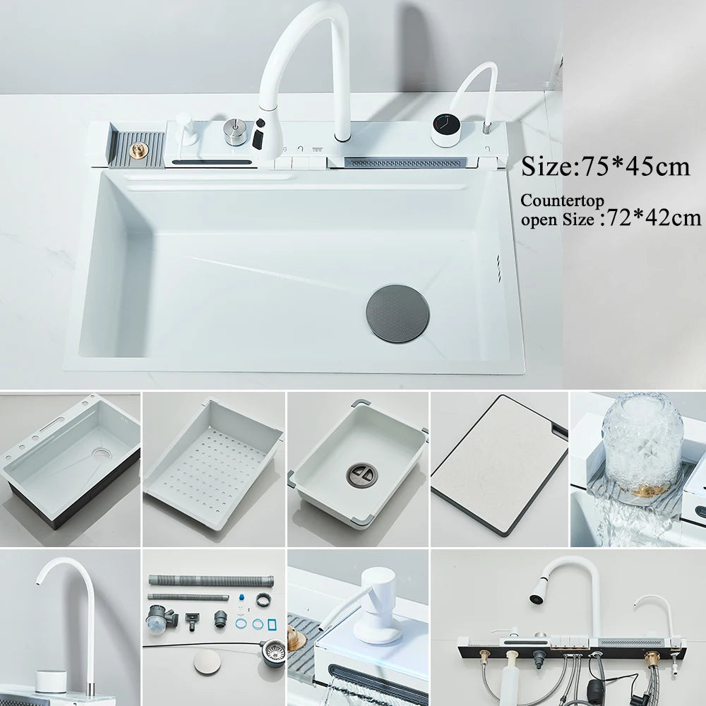 Stainless Steel Waterfall Kitchen Sink Single Slot Integrated Digital Display Faucet Set