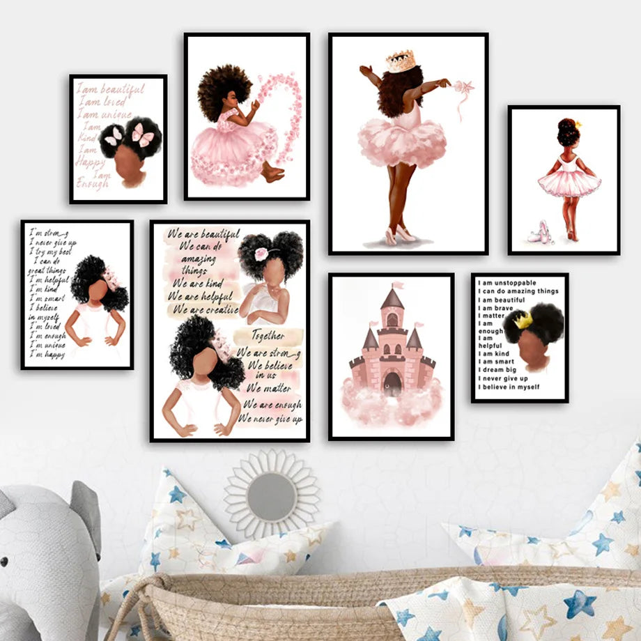 Black Cute Girl Ballet Castle Crown Wall Art Canvas Painting Nordic Posters And Prints Wall Pictures Baby Kids Room Decor