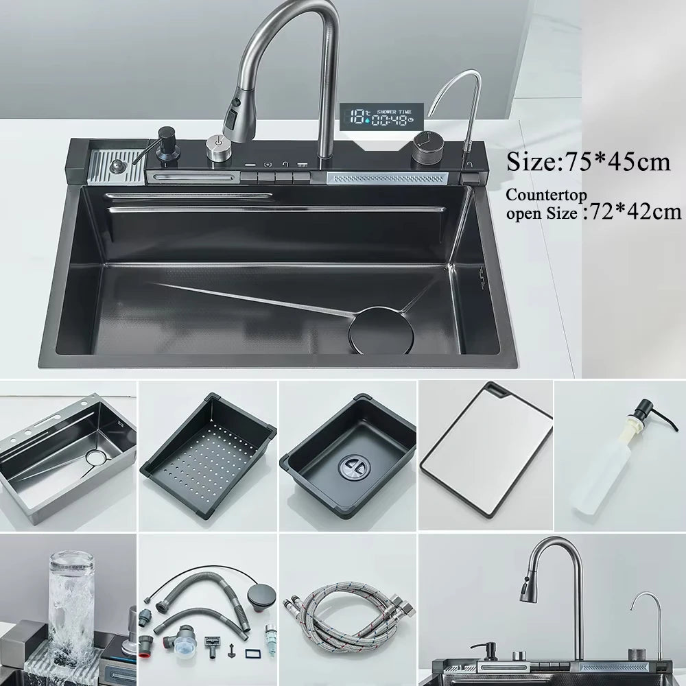 Stainless Steel Waterfall Kitchen Sink Single Slot Integrated Digital Display Faucet Set