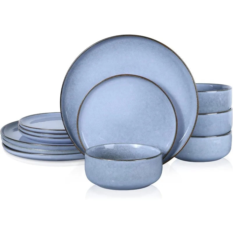 Dinnerware Sets for 4, 12-Piece Stoneware Plates and Bowls Set, Reactive Glaze Dishes Dinning Ware Set,Chip & Scratch Resistant
