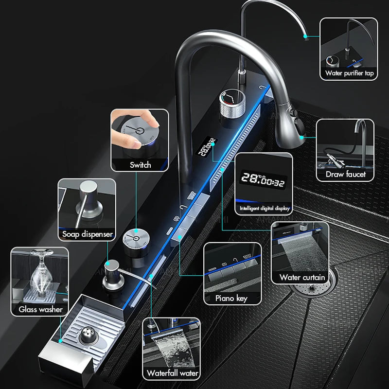 Stainless Steel Waterfall Kitchen Sink Single Slot Integrated Digital Display Faucet Set