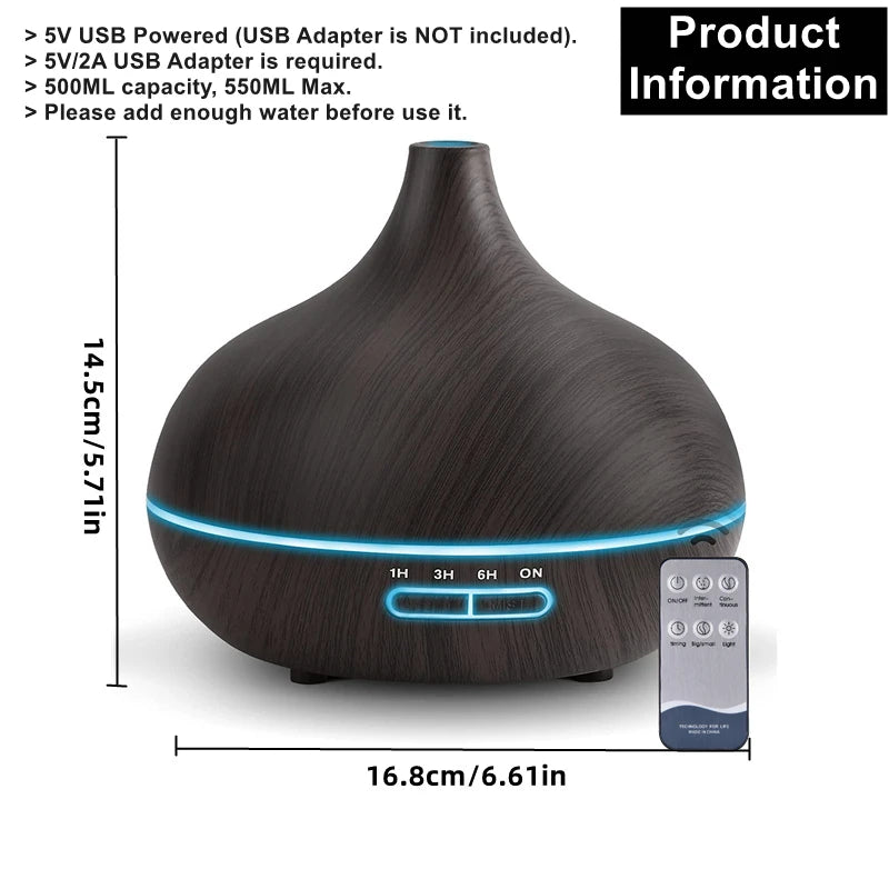 550ml Essential Oil Diffuser with 7 Color LED Lights & Remote Control