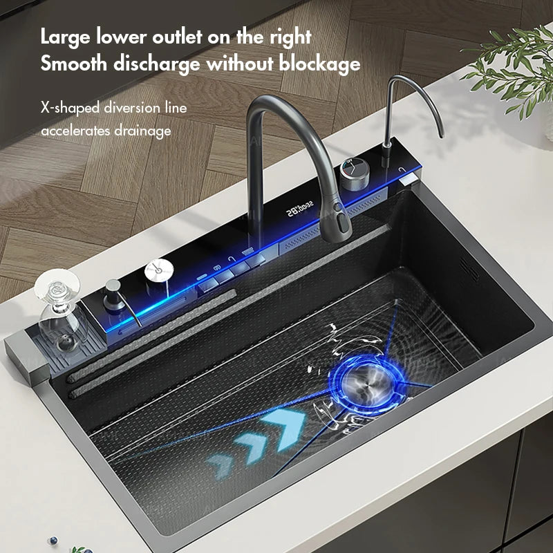 Stainless Steel Waterfall Kitchen Sink Single Slot Integrated Digital Display Faucet Set