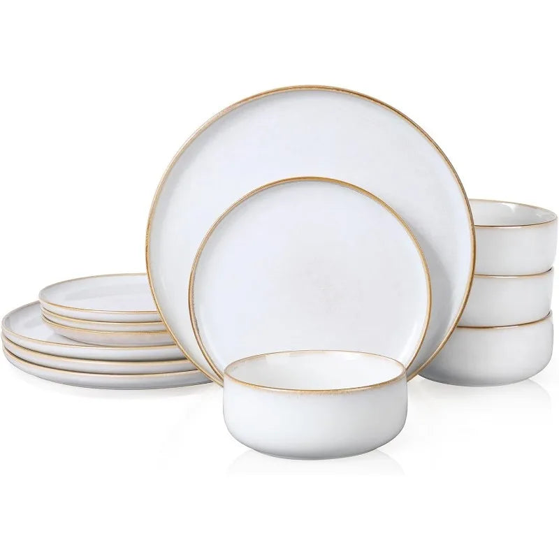 Dinnerware Sets for 4, 12-Piece Stoneware Plates and Bowls Set, Reactive Glaze Dishes Dinning Ware Set,Chip & Scratch Resistant