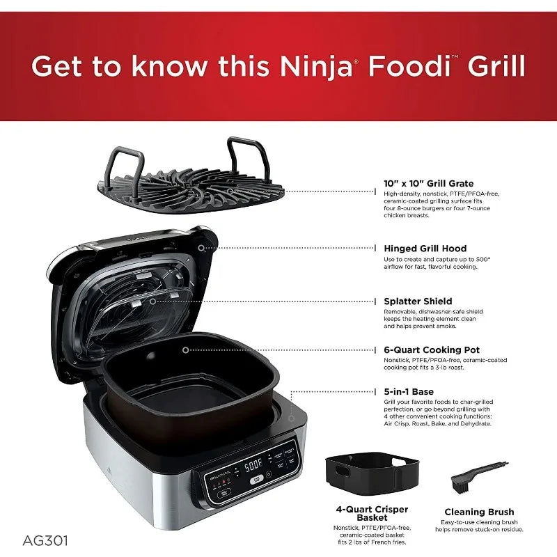5-in-1 Indoor Electric Grill with Air Fry, Roast, and Bake - Programmable