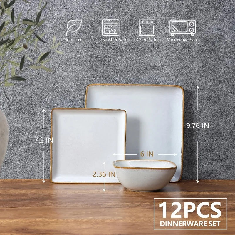 Dinnerware Sets for 4, 12-Piece Stoneware Plates and Bowls Set, Reactive Glaze Dishes Dinning Ware Set,Chip & Scratch Resistant