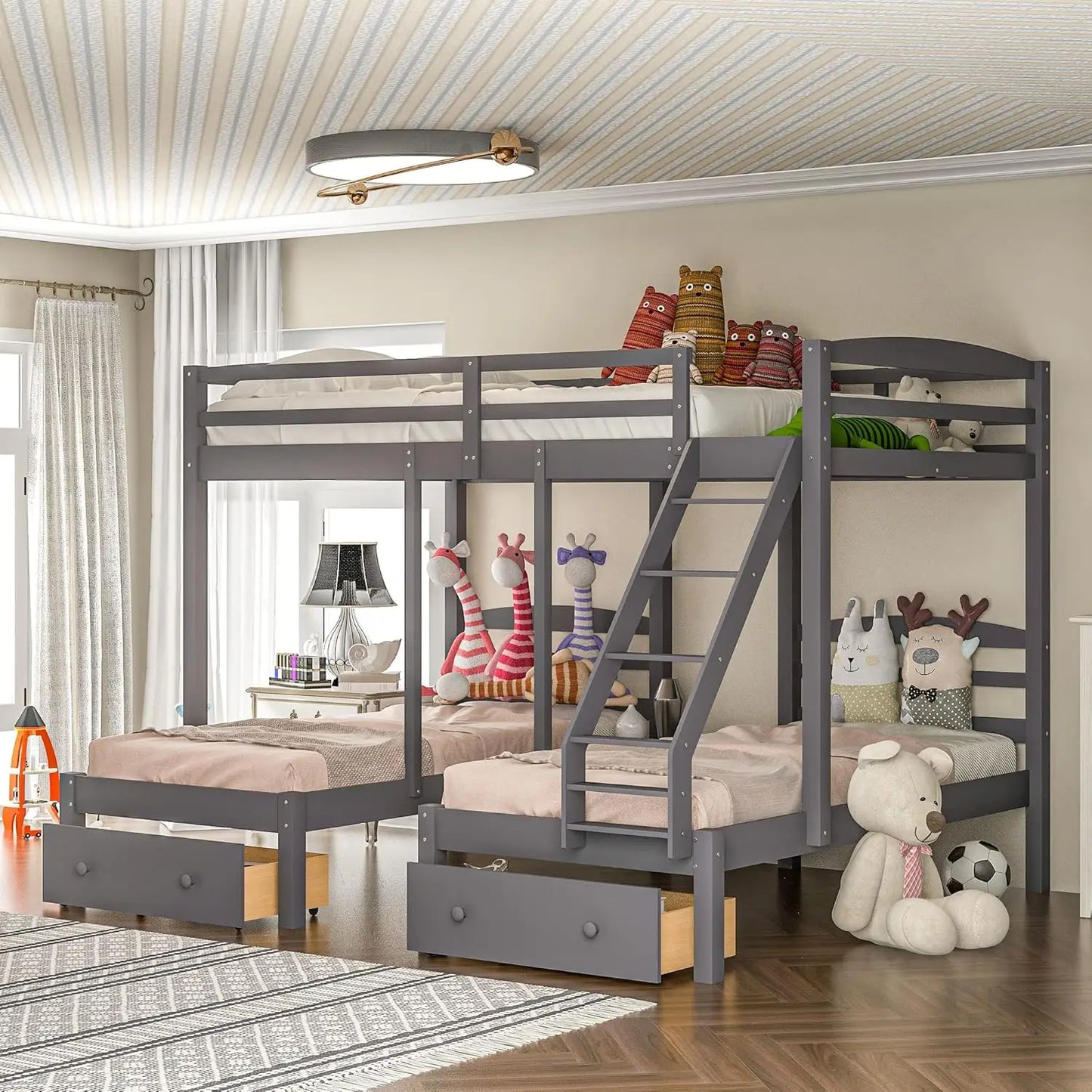 Triple Bunk Bed Frame with Drawers