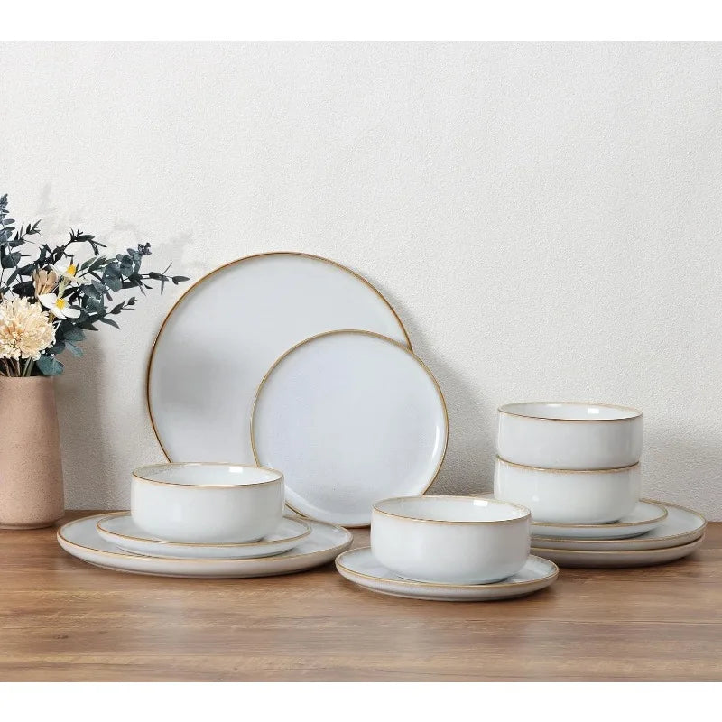 Dinnerware Sets for 4, 12-Piece Stoneware Plates and Bowls Set, Reactive Glaze Dishes Dinning Ware Set,Chip & Scratch Resistant