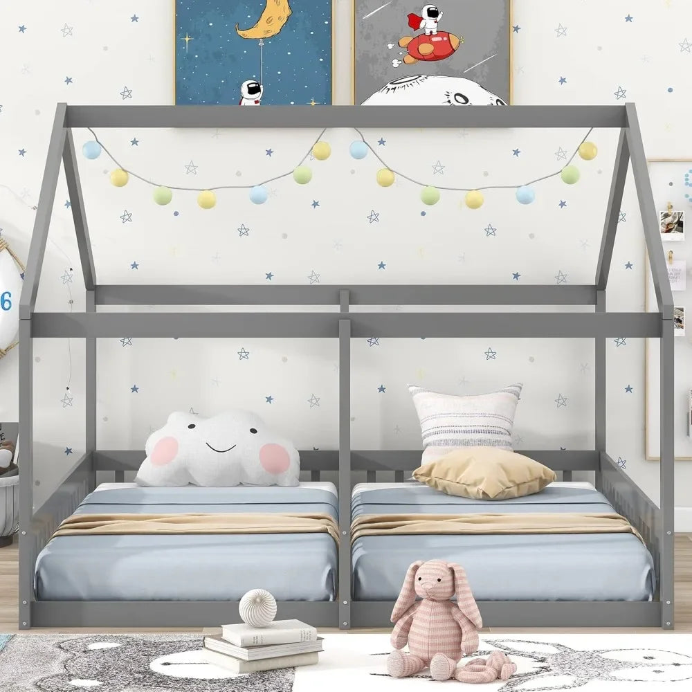 Double Twin Size Shared Bed with Fence Railings,House