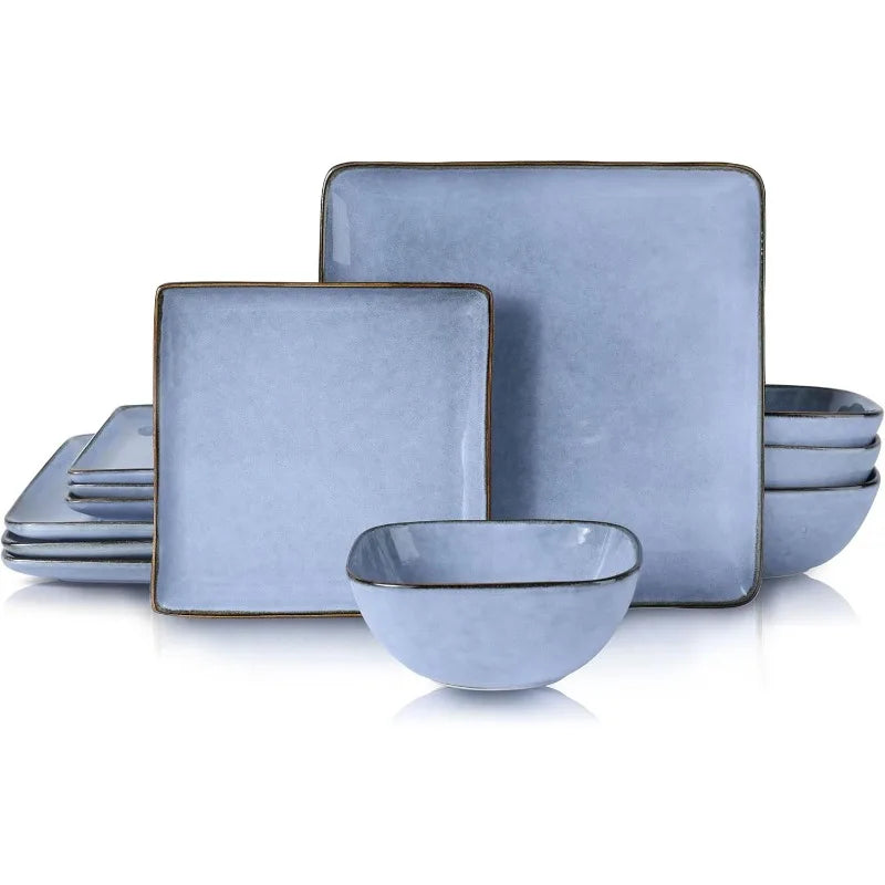 Dinnerware Sets for 4, 12-Piece Stoneware Plates and Bowls Set, Reactive Glaze Dishes Dinning Ware Set,Chip & Scratch Resistant