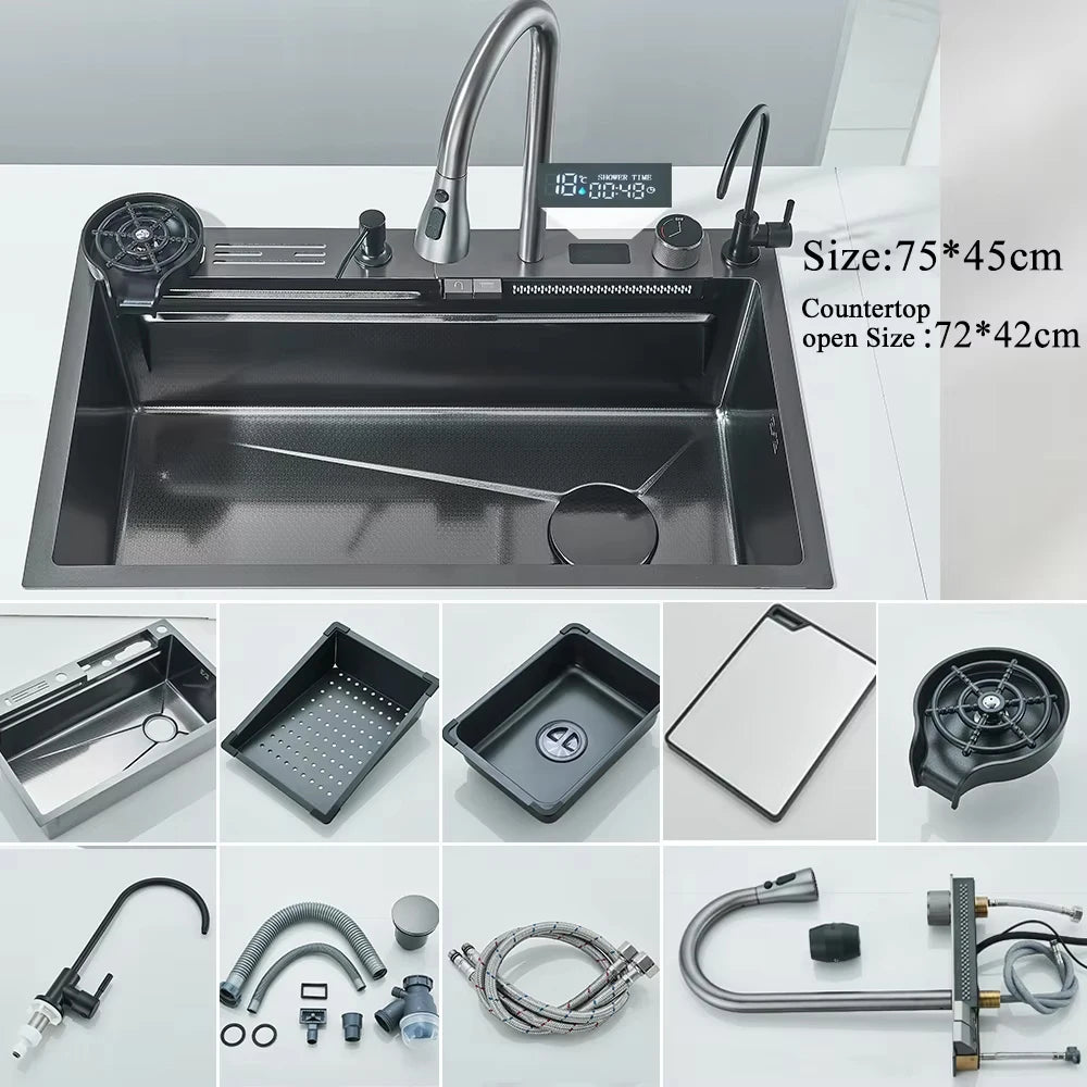Stainless Steel Waterfall Kitchen Sink Single Slot Integrated Digital Display Faucet Set