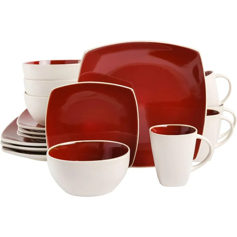 Square Reactive Glaze Stoneware Dinnerware Set, Red/White