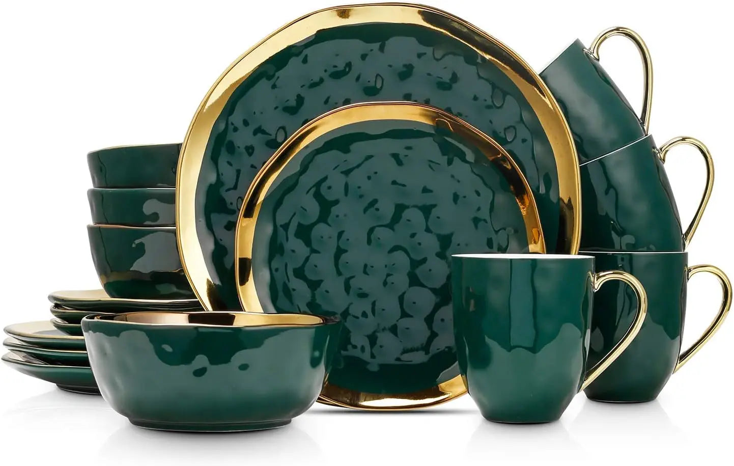 Porcelain 16 Piece Dinnerware Set Service for 4 ,Green and Golden Rim