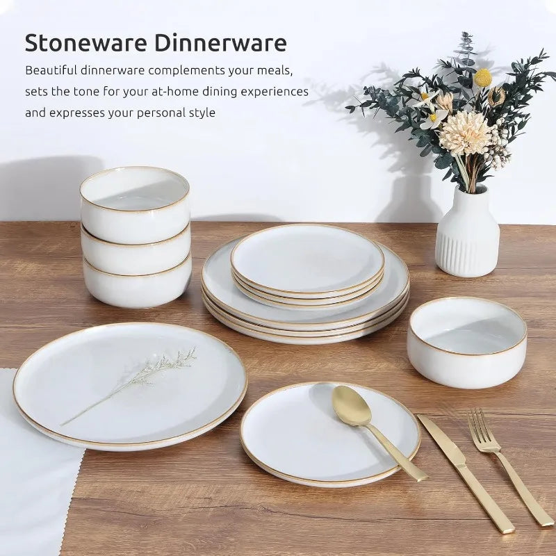 Dinnerware Sets for 4, 12-Piece Stoneware Plates and Bowls Set, Reactive Glaze Dishes Dinning Ware Set,Chip & Scratch Resistant