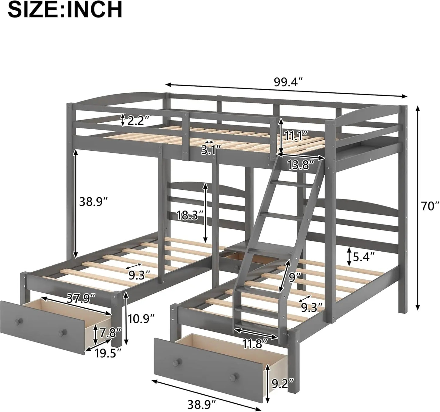 Triple Bunk Bed Frame with Drawers