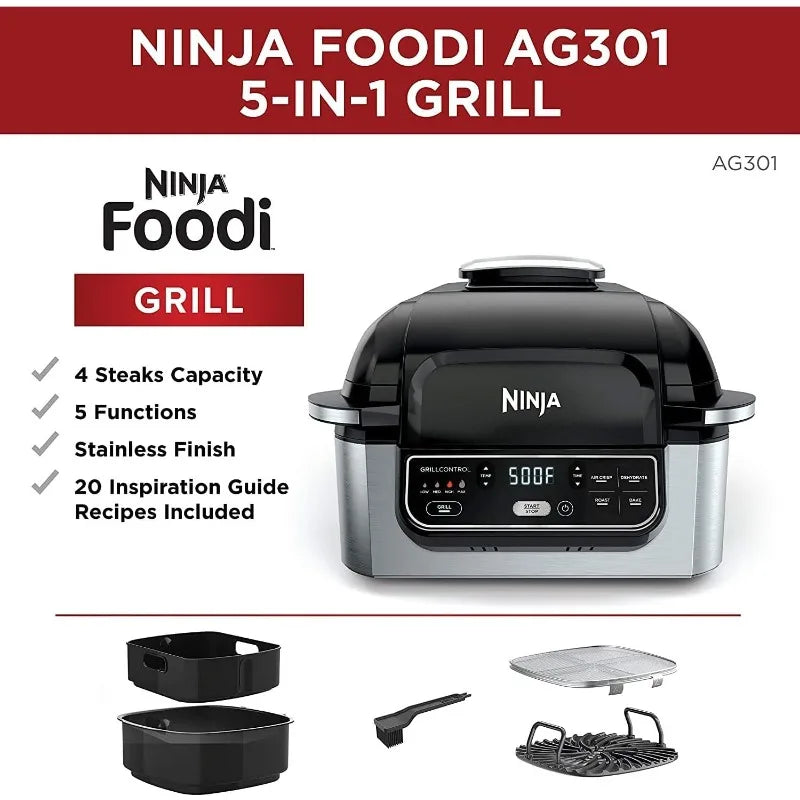 5-in-1 Indoor Electric Grill with Air Fry, Roast, and Bake - Programmable