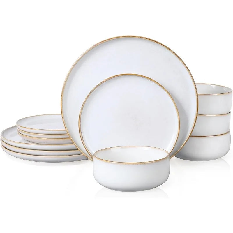 Dinnerware Sets for 4, 12-Piece Stoneware Plates and Bowls Set, Reactive Glaze Dishes Dinning Ware Set,Chip & Scratch Resistant