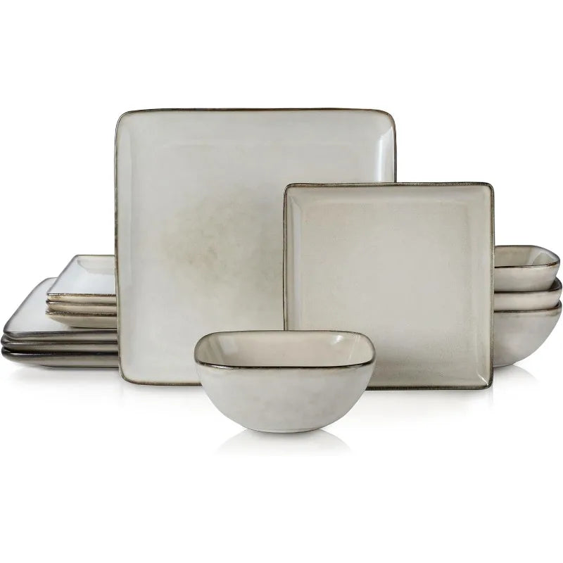 Dinnerware Sets for 4, 12-Piece Stoneware Plates and Bowls Set, Reactive Glaze Dishes Dinning Ware Set,Chip & Scratch Resistant