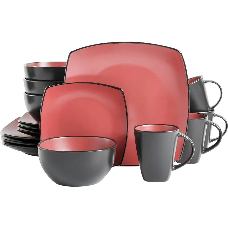 Square Reactive Glaze Stoneware Dinnerware Set, Red/White