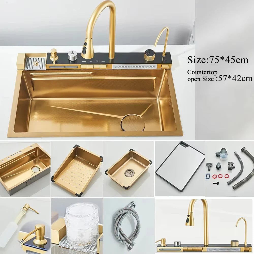 Stainless Steel Waterfall Kitchen Sink Single Slot Integrated Digital Display Faucet Set