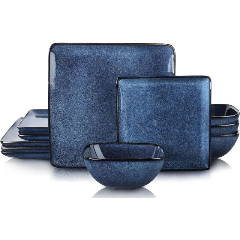 Dinnerware Sets for 4, 12-Piece Stoneware Plates and Bowls Set, Reactive Glaze Dishes Dinning Ware Set,Chip & Scratch Resistant