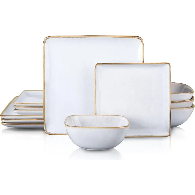 Dinnerware Sets for 4, 12-Piece Stoneware Plates and Bowls Set, Reactive Glaze Dishes Dinning Ware Set,Chip & Scratch Resistant