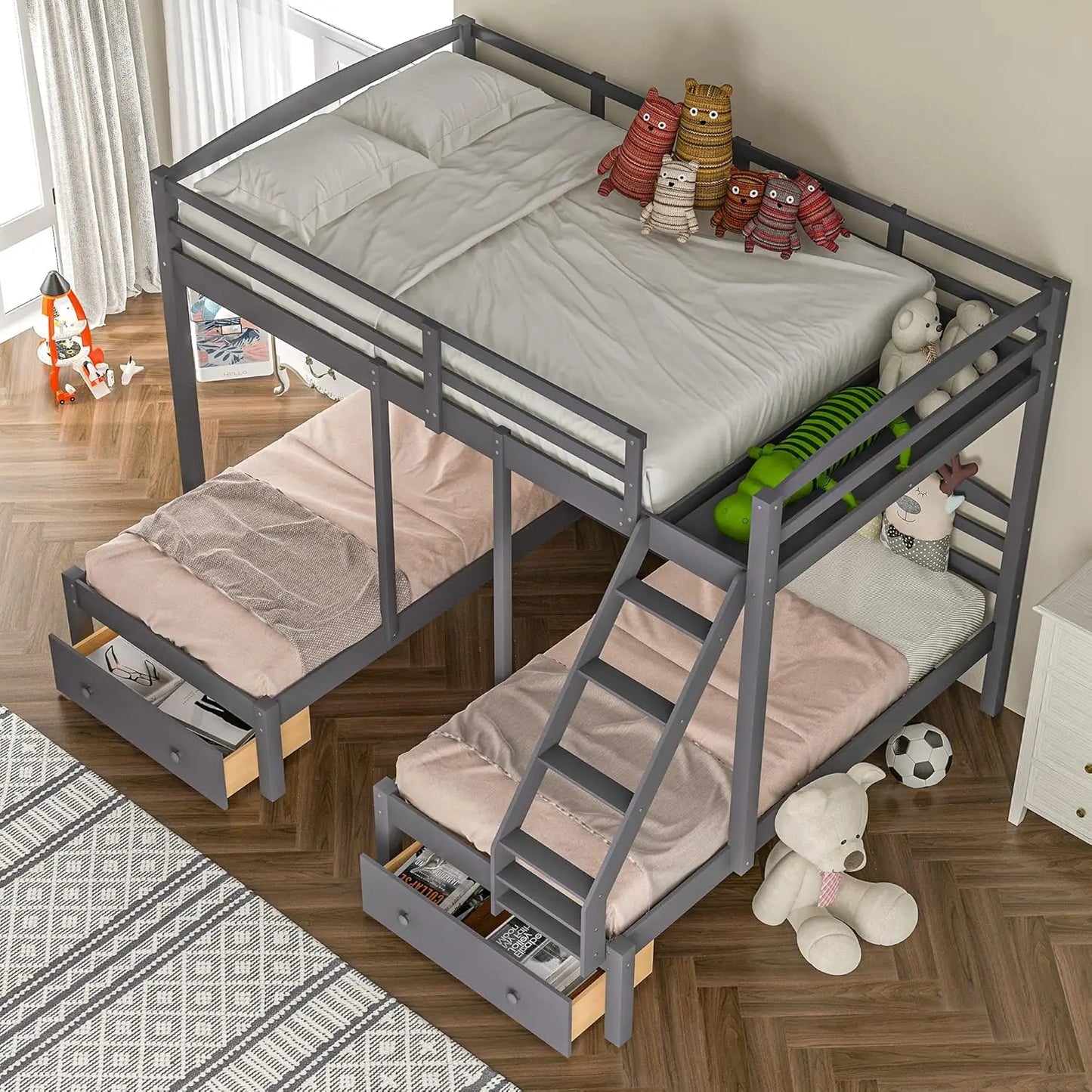 Triple Bunk Bed Frame with Drawers