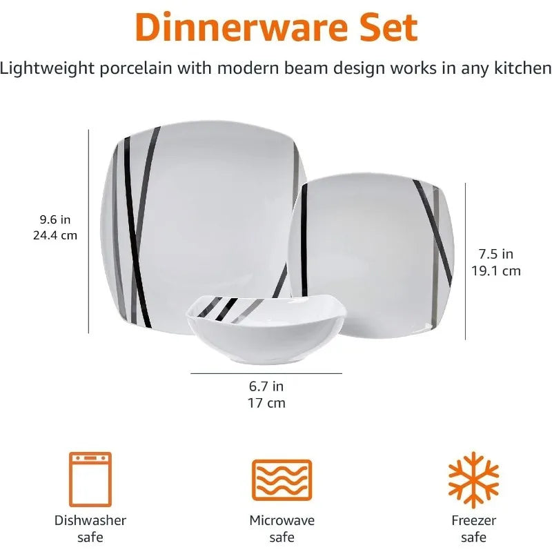 18 Piece Kitchen Dinnerware Set - Square Plates, Bowls