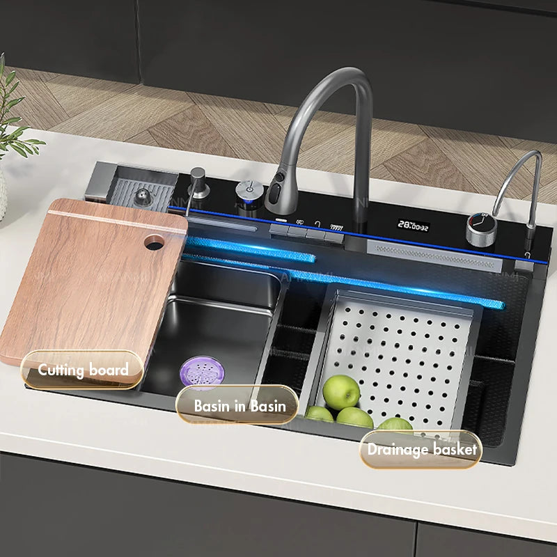 Stainless Steel Waterfall Kitchen Sink Single Slot Integrated Digital Display Faucet Set