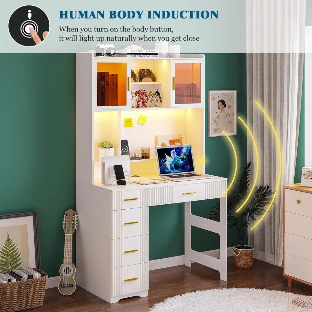School Desks.LED Study Desk with Hutch and Drawer