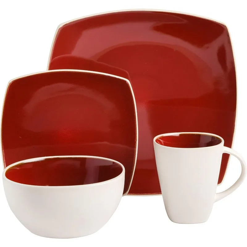 Square Reactive Glaze Stoneware Dinnerware Set, Red/White