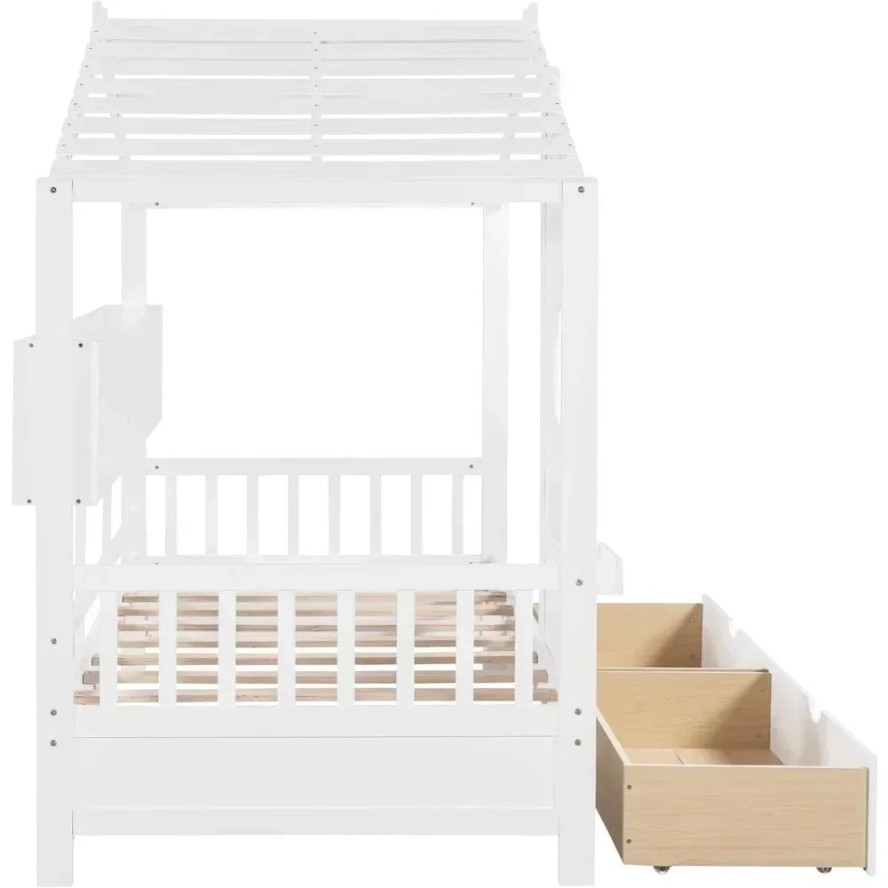 Twin House Bed with Storage Drawers & Bookcase