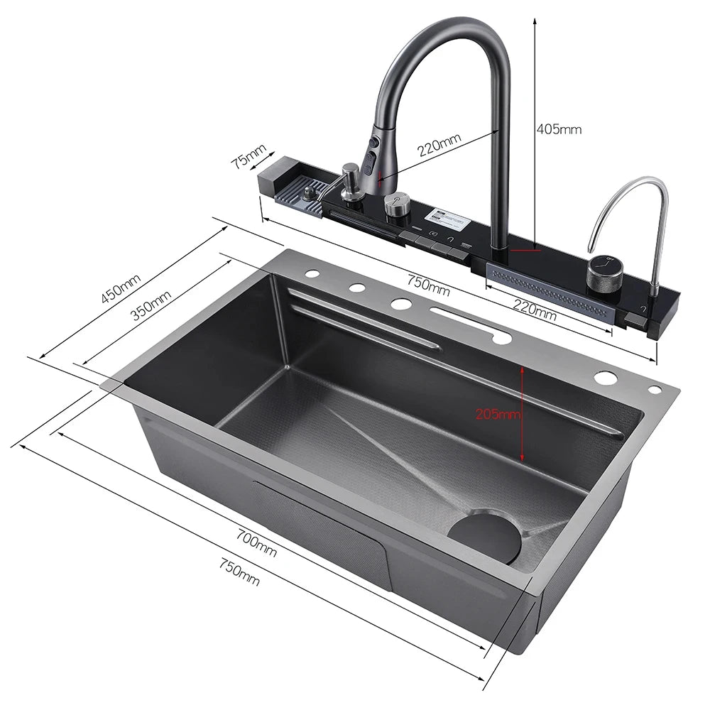 Stainless Steel Waterfall Kitchen Sink Single Slot Integrated Digital Display Faucet Set