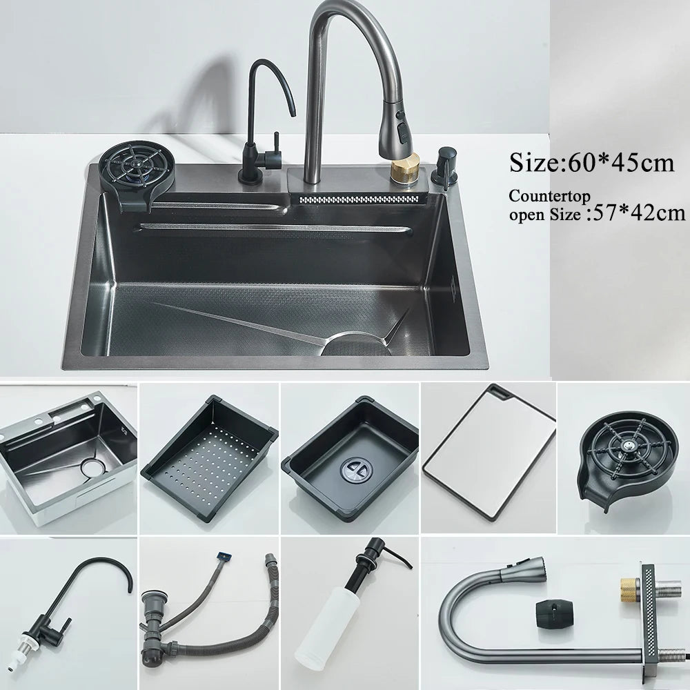 Stainless Steel Waterfall Kitchen Sink Single Slot Integrated Digital Display Faucet Set