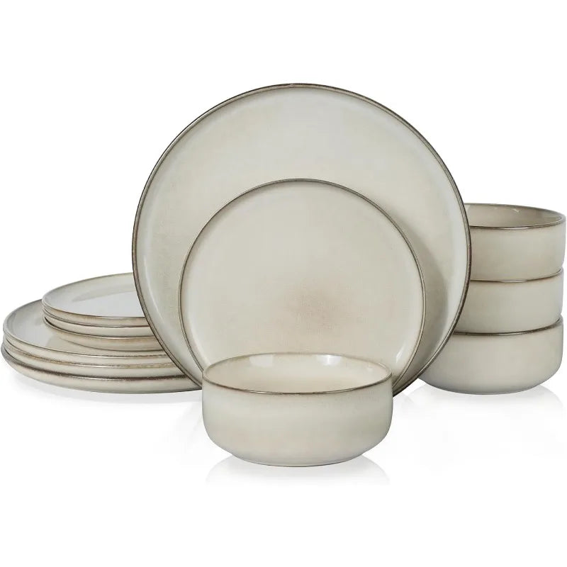 Dinnerware Sets for 4, 12-Piece Stoneware Plates and Bowls Set, Reactive Glaze Dishes Dinning Ware Set,Chip & Scratch Resistant