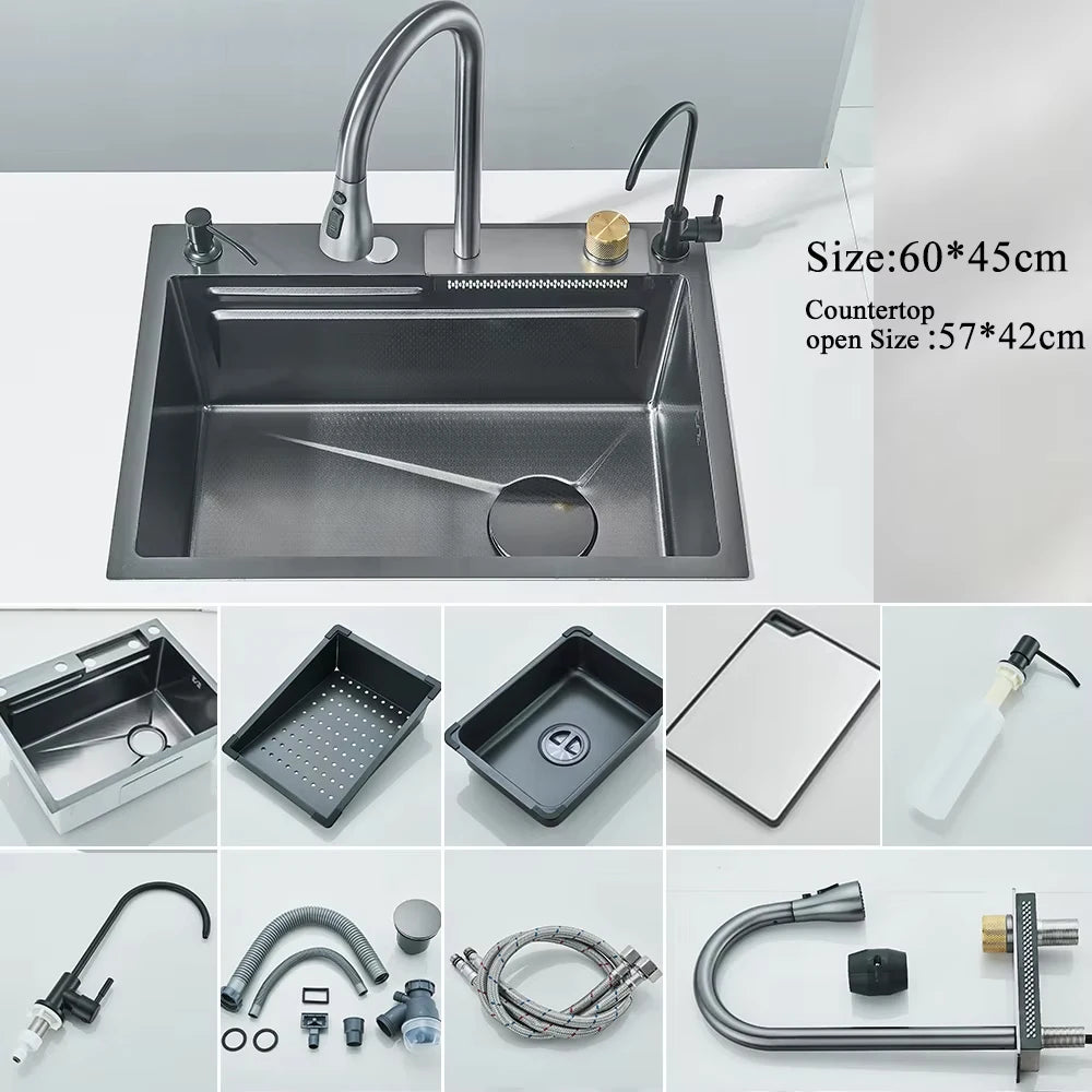 Stainless Steel Waterfall Kitchen Sink Single Slot Integrated Digital Display Faucet Set