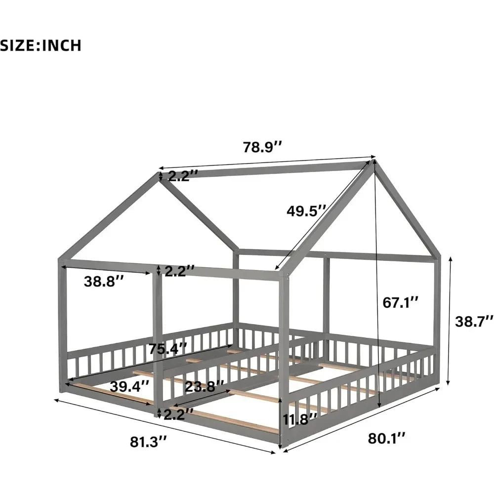 Double Twin Size Shared Bed with Fence Railings,House