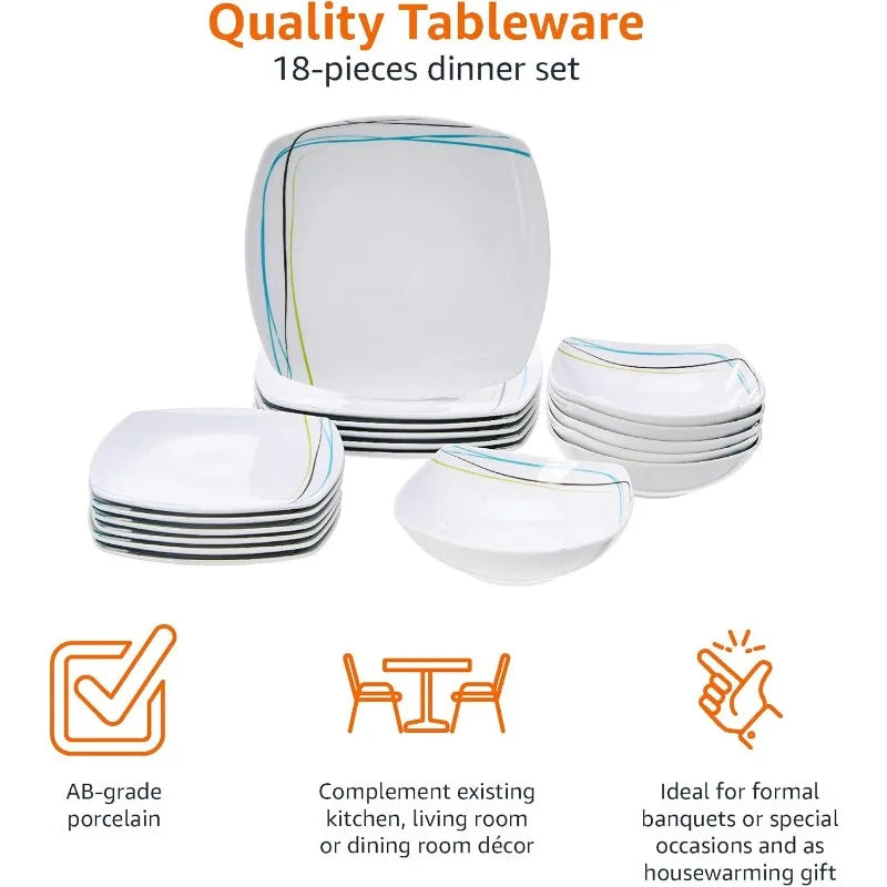 18 Piece Kitchen Dinnerware Set - Square Plates, Bowls