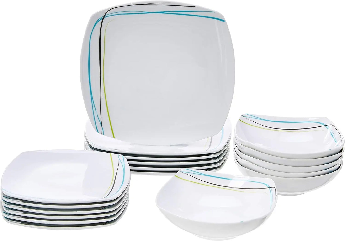 18 Piece Kitchen Dinnerware Set - Square Plates, Bowls