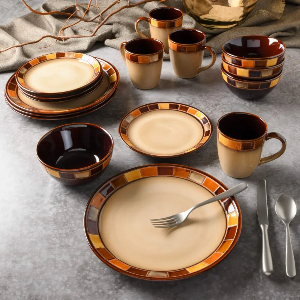 16-piece Beige and Brown Dinnerware