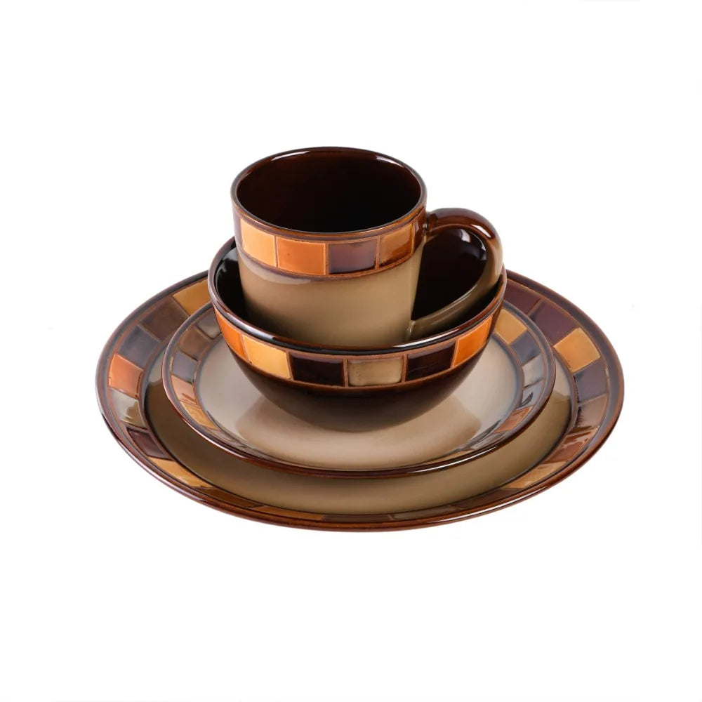 16-piece Beige and Brown Dinnerware