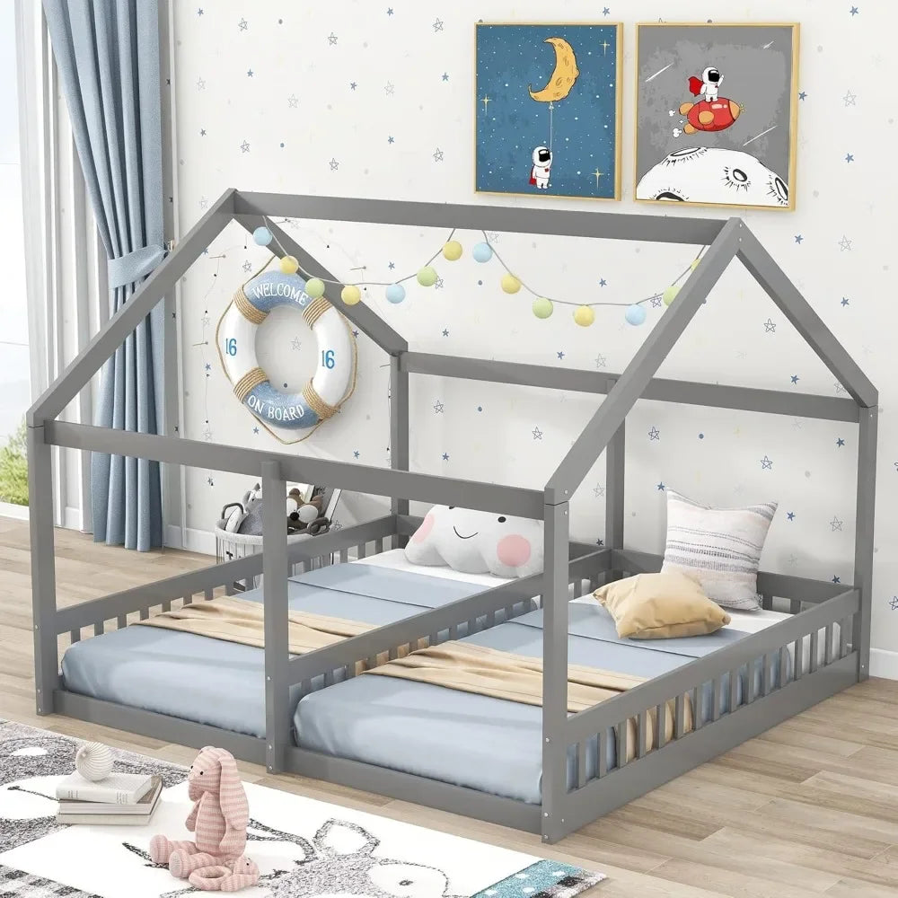 Double Twin Size Shared Bed with Fence Railings,House