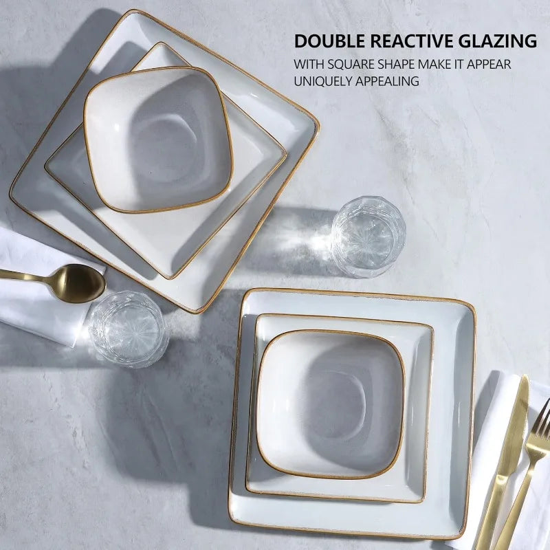 Dinnerware Sets for 4, 12-Piece Stoneware Plates and Bowls Set, Reactive Glaze Dishes Dinning Ware Set,Chip & Scratch Resistant