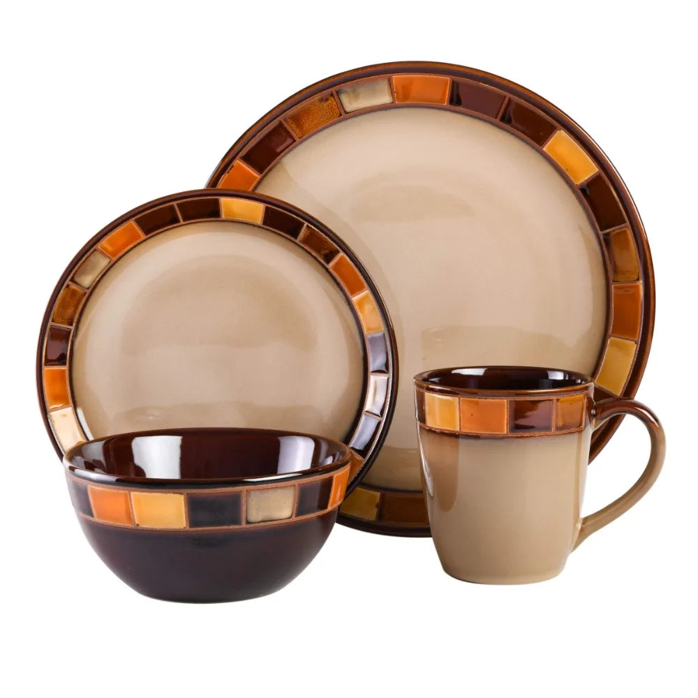 16-piece Beige and Brown Dinnerware