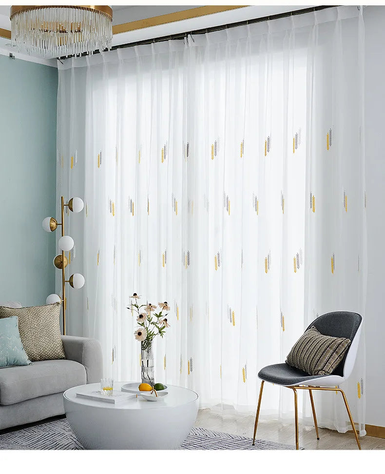 Wheat Ear Embroidered Gauze Curtain Curtains for Living and Dining Room