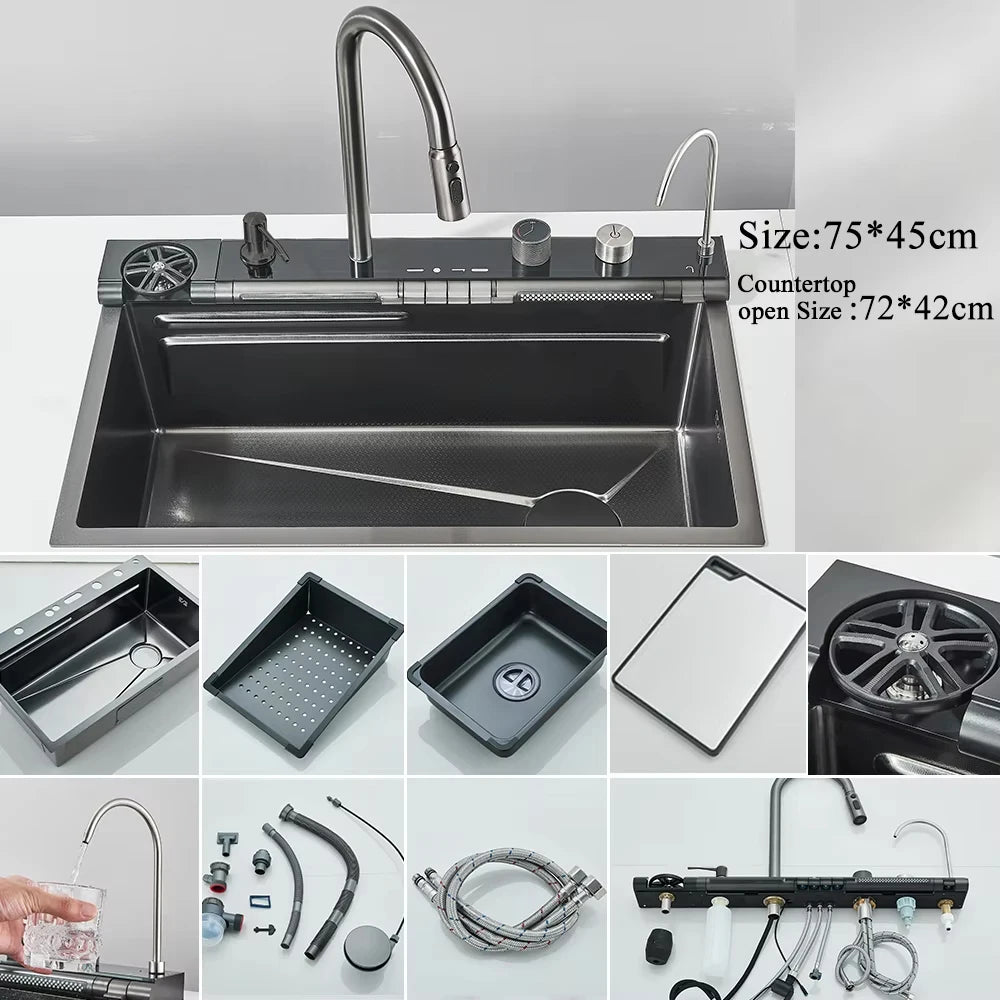 Stainless Steel Waterfall Kitchen Sink Single Slot Integrated Digital Display Faucet Set